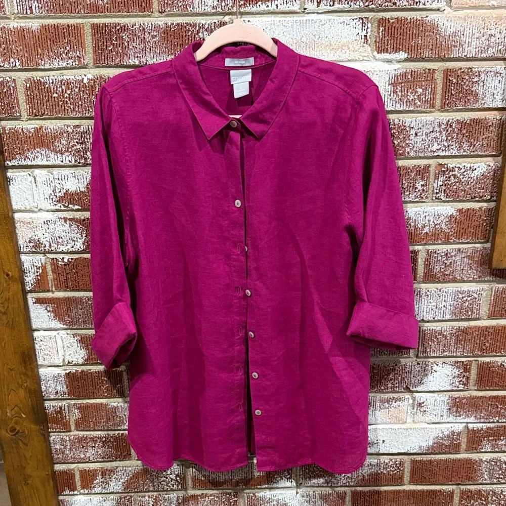 Chico's Fuchsia Button-Down 100% Linen Shirt SZ 2 Quiet Luxury Classic Lagenlook - Picture 2 of 4
